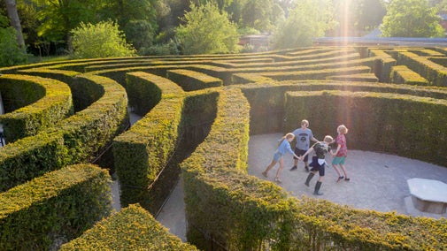 Four children playing in the centre of the maze at Cliveden, Buckinghamshire. The children are surrounded by high clipped hedges and the maze paths can be seen beyond.
